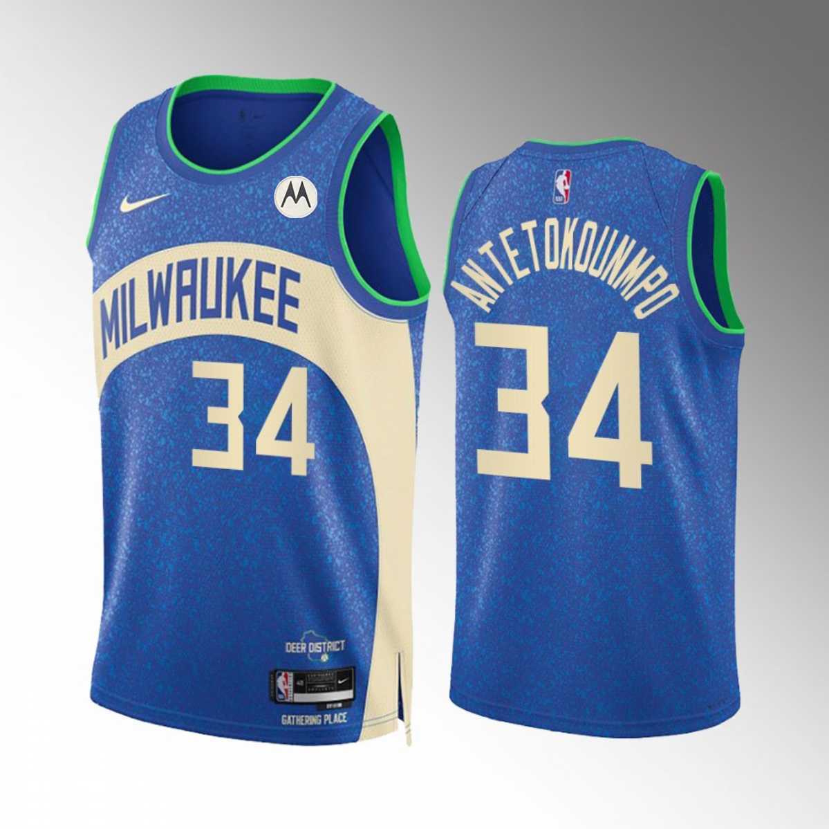 Men%27s Milwaukee Bucks #34 Giannis Antetokounmpo Blue 2023-24 City Edition Stitched Basketball Jersey Dzhi->milwaukee bucks->NBA Jersey